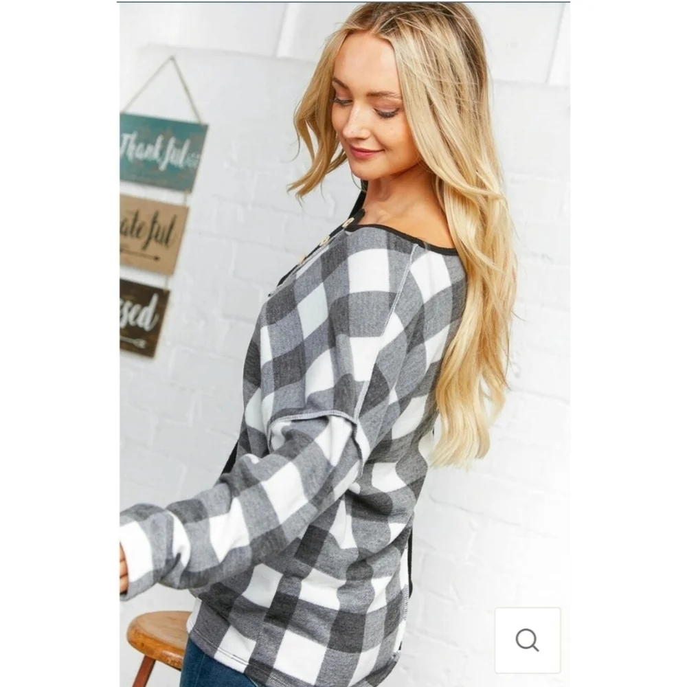 Plaid Half and Half Button Down Knit Top - Picture 3 of 9